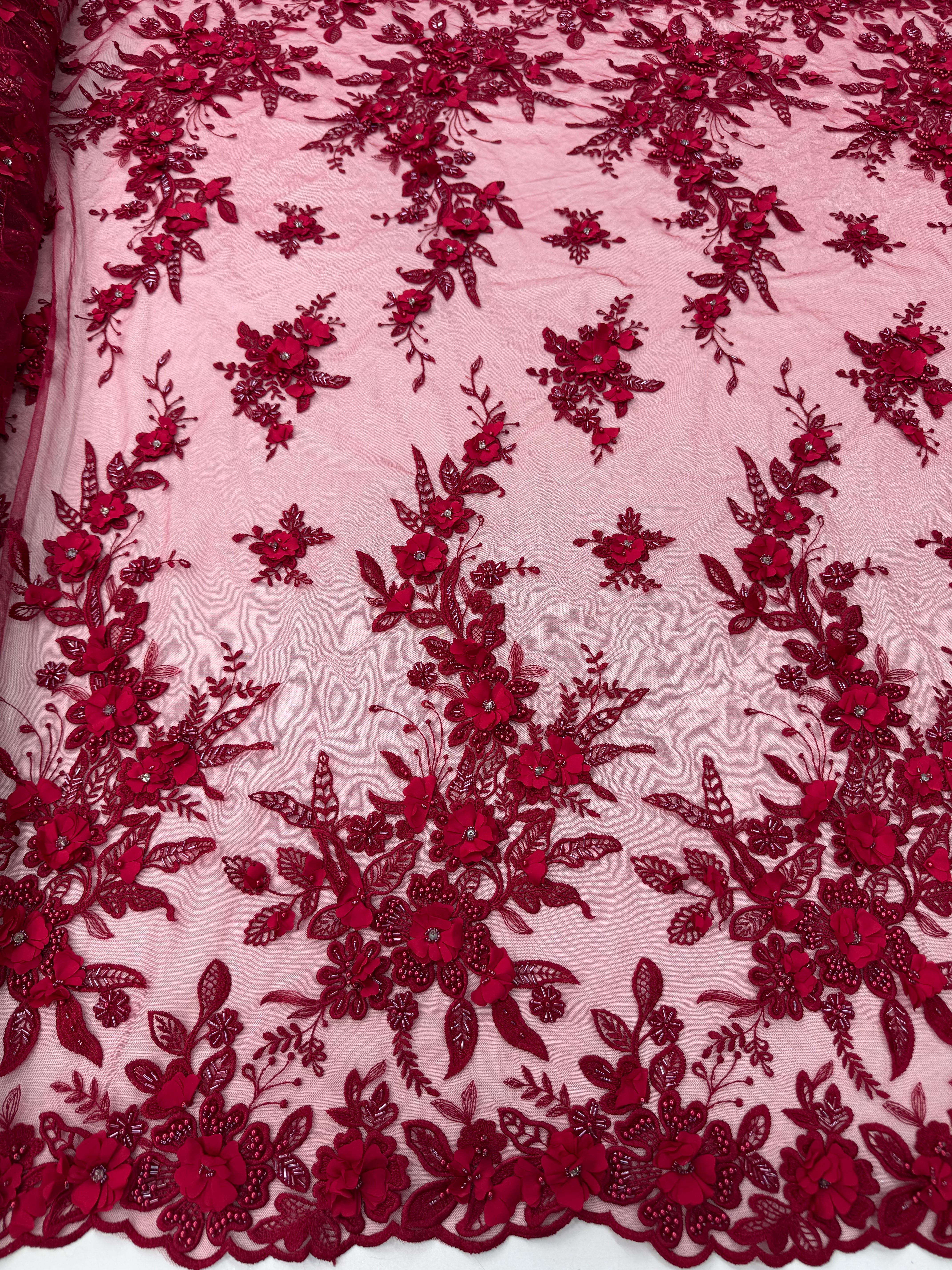 Broderie 3D bordo cu flori aplicate pe tul 140 cm latime - material premium pentru rochii de seara si ocazie