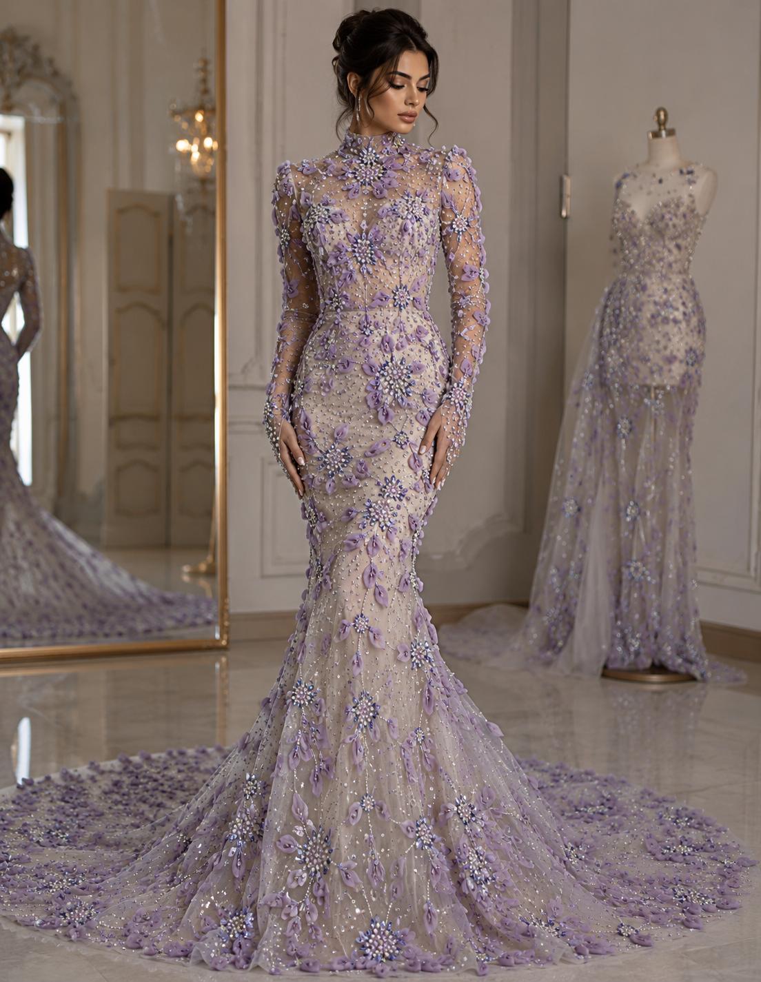 Broderie 3D premium pe tul Model SJT 1362, 140 cm, cu flori textile, perle și cristale