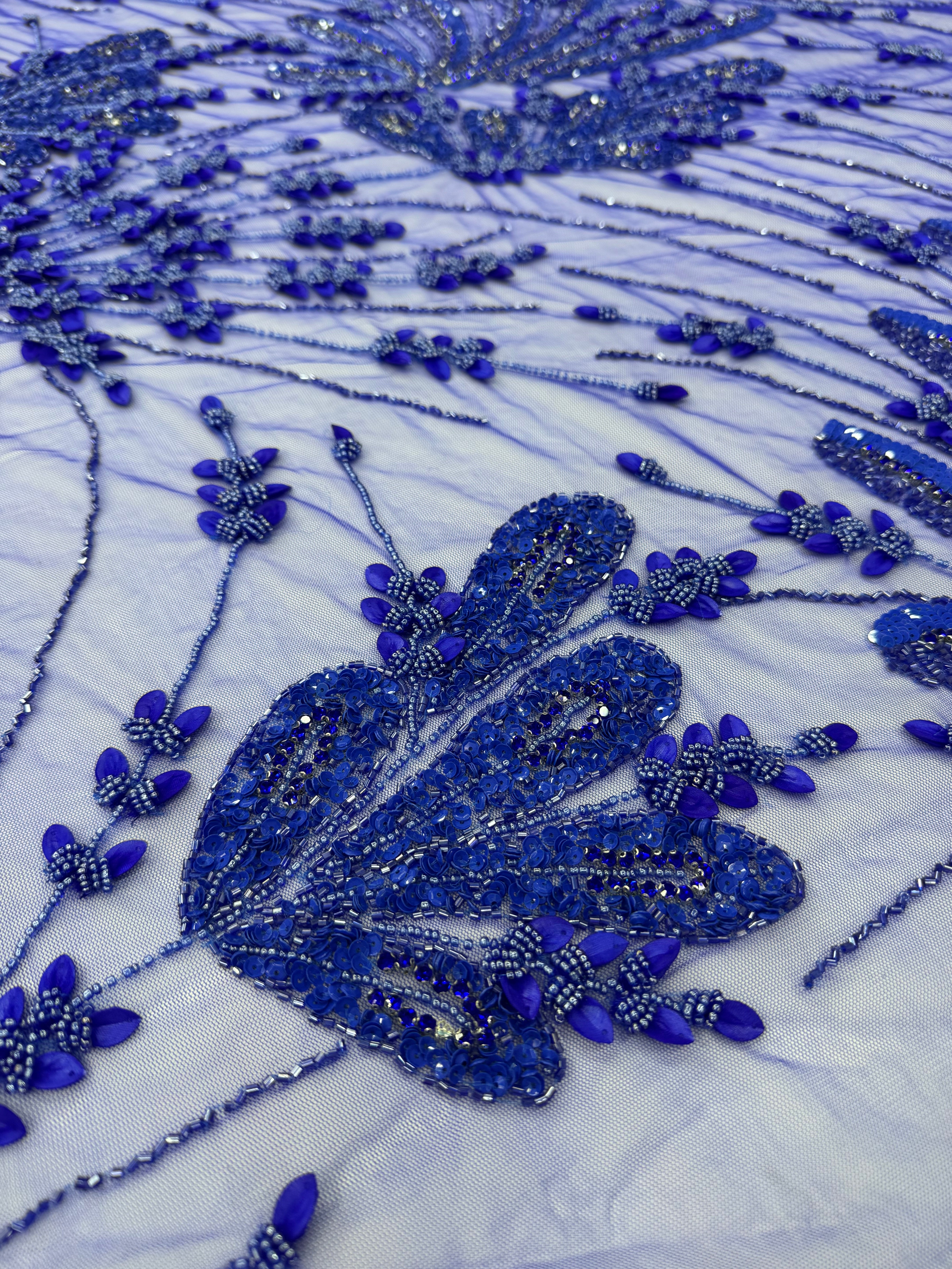 Broderie  Albastru Regal cu Paiete si Margele pe Tul Fin 140cm/la metru SJT1151