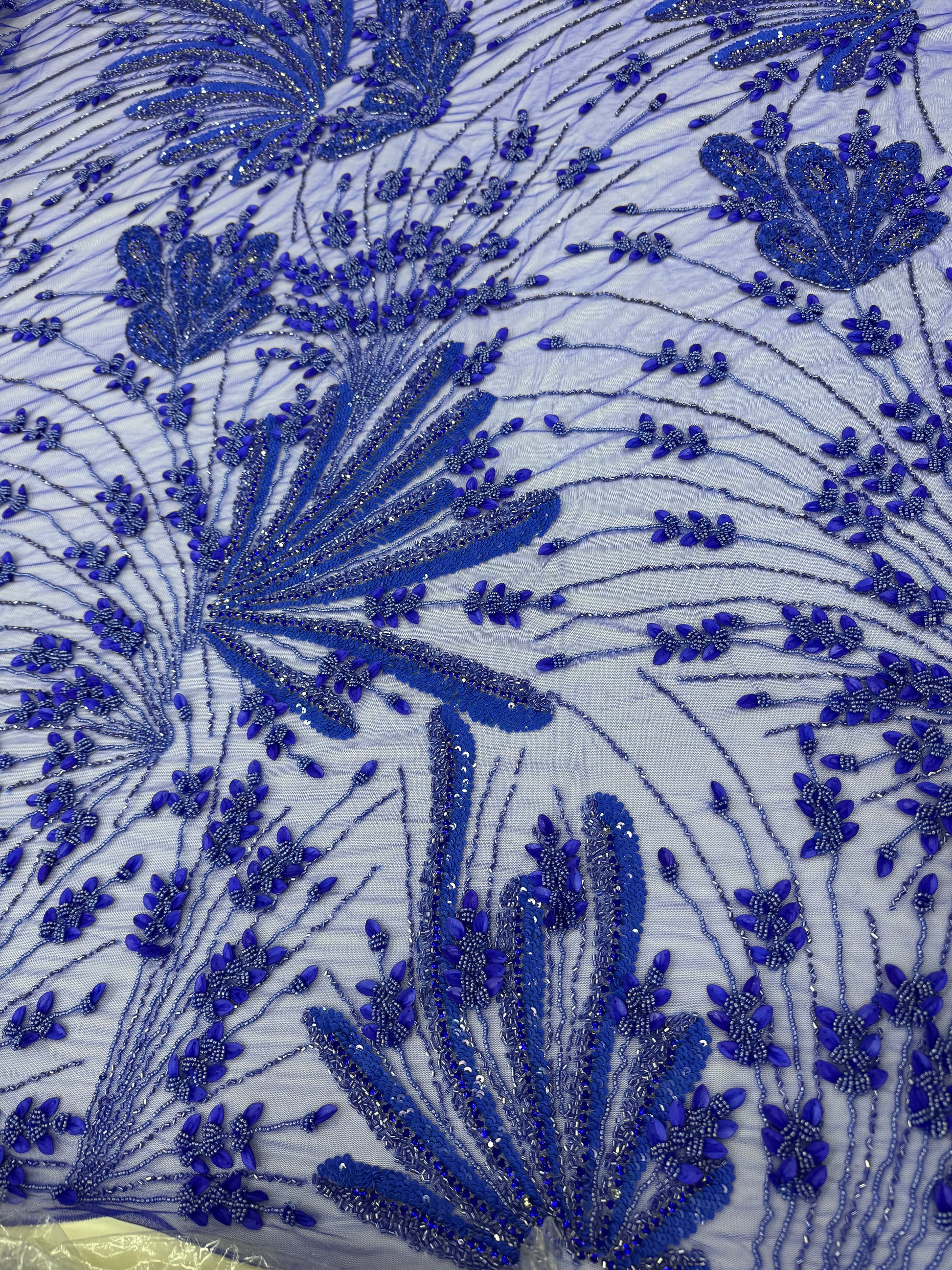 Broderie  Albastru Regal cu Paiete si Margele pe Tul Fin 140cm/la metru SJT1151