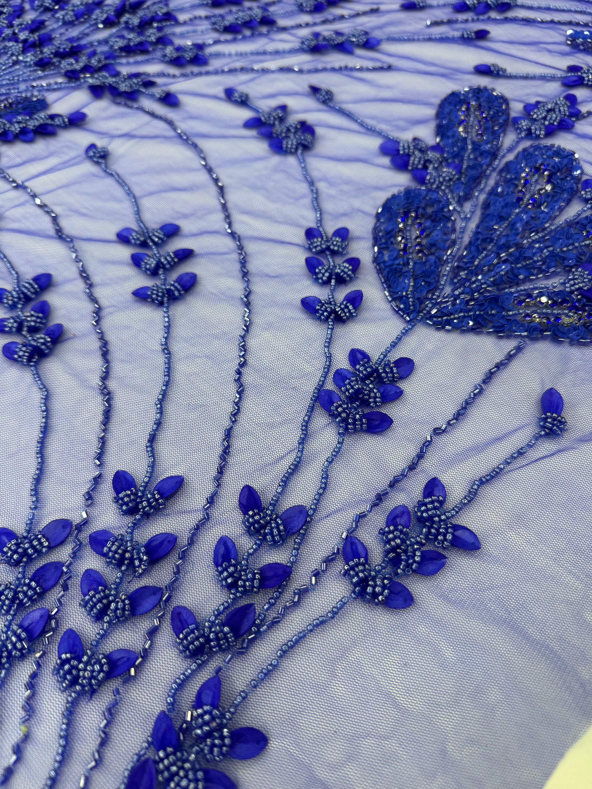 Broderie  Albastru Regal cu Paiete si Margele pe Tul Fin 140cm/la metru SJT1151