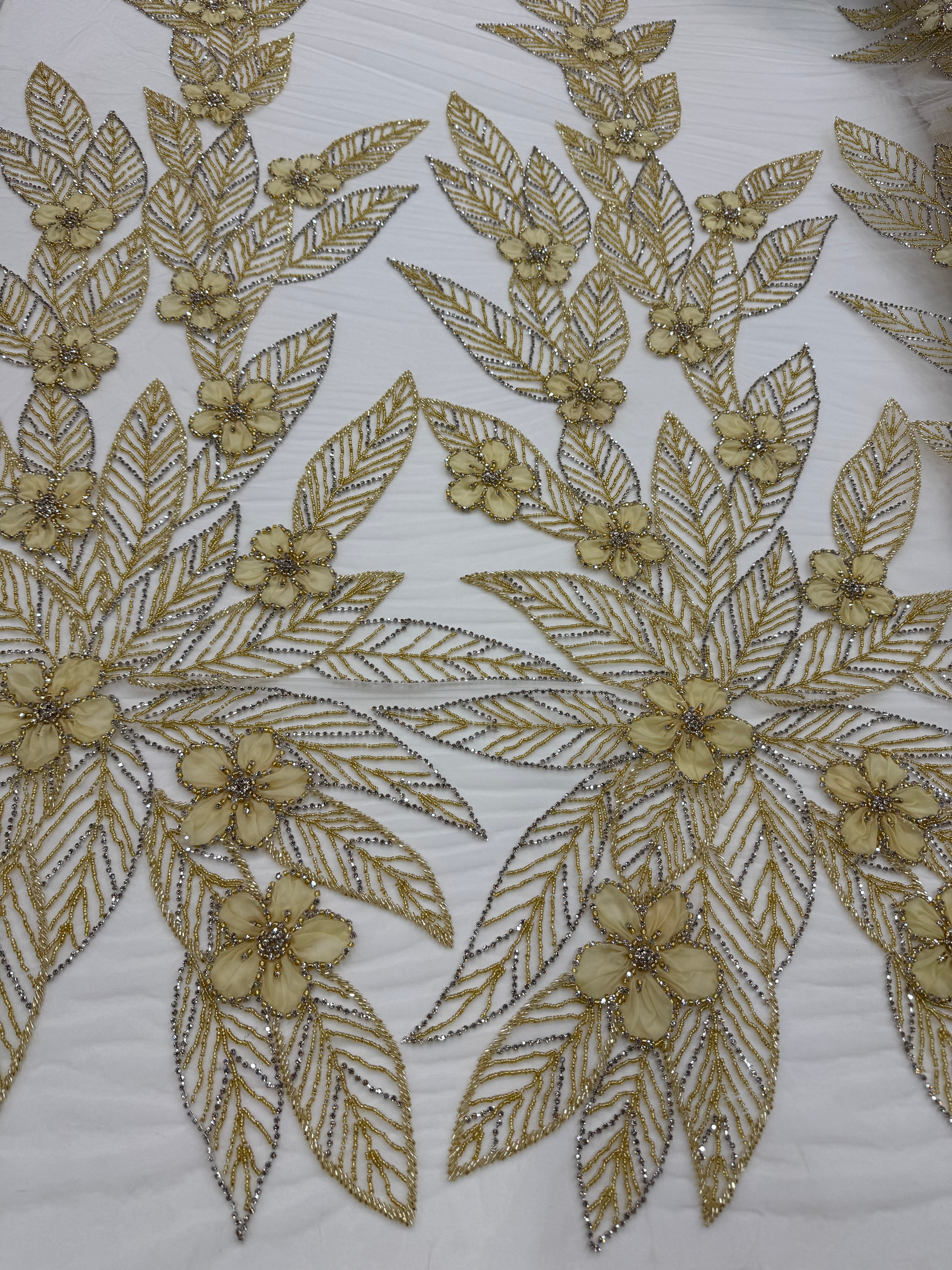 Broderie Aurie cu Flori 3D si Margele Elegante pe Tul Fin 140cm/la metru SJT1246
