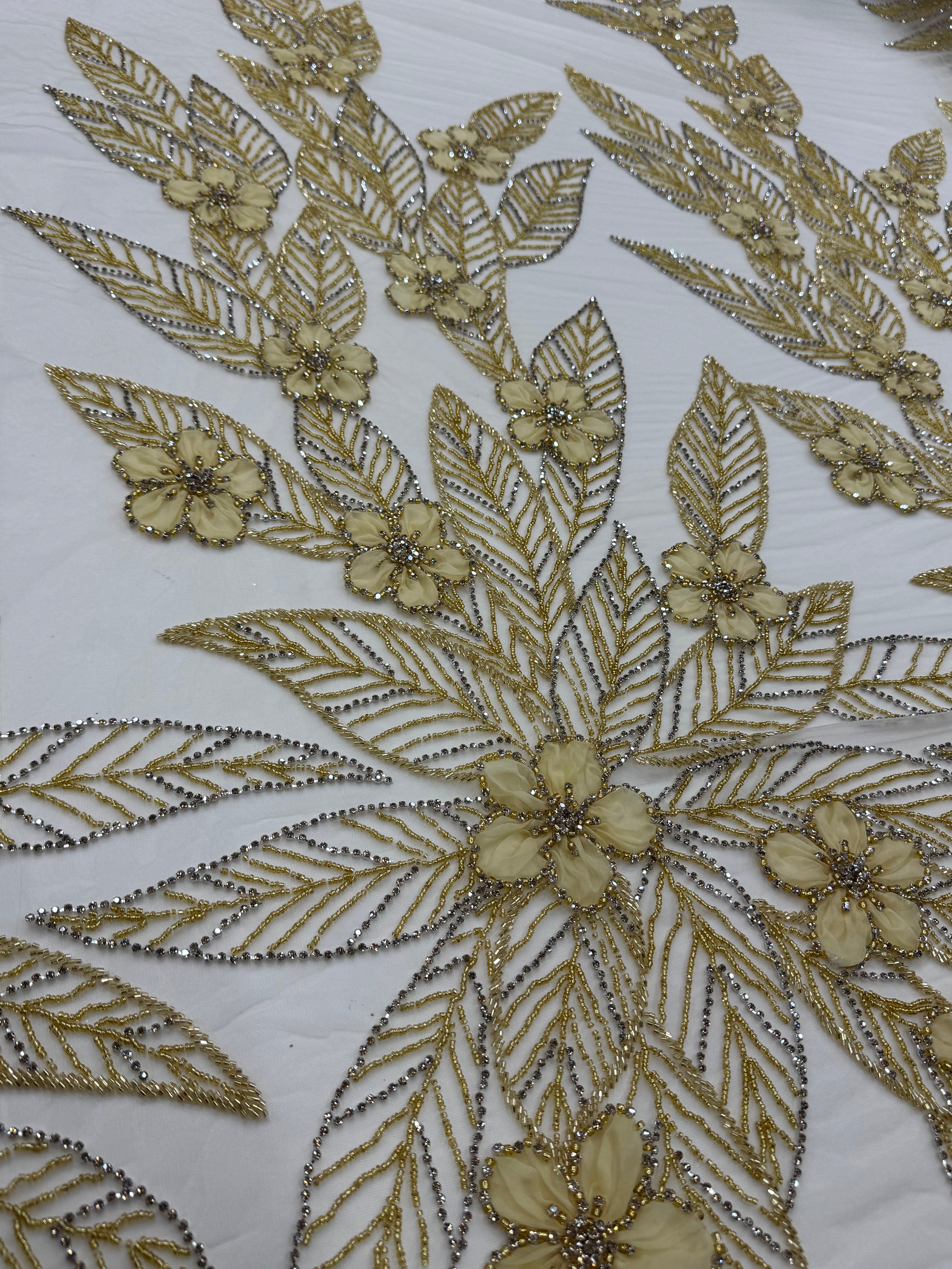 Broderie Aurie cu Flori 3D si Margele Elegante pe Tul Fin 140cm/la metru SJT1246