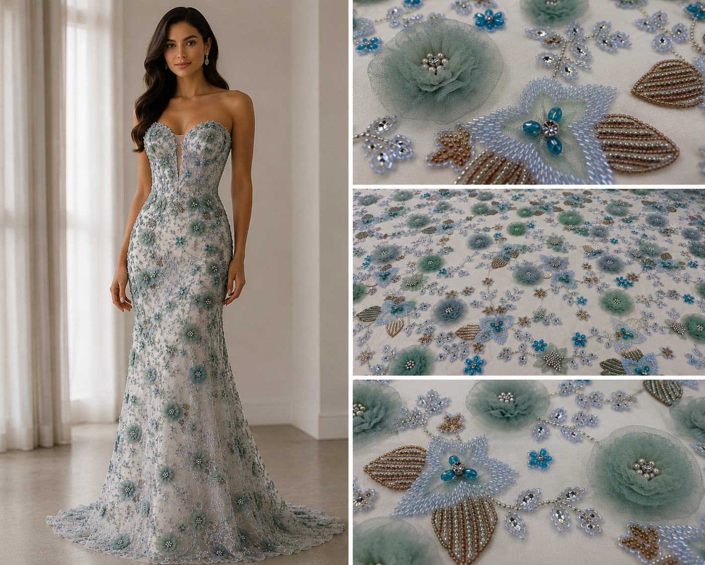 Broderie Florala 3D pe Tul cu Aplicatii si Margele Luxury 140cm/K2036