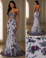 Broderie Florala 3D pe Tul cu Paiete si Margele Negre-Roz – 140 cm K2089
