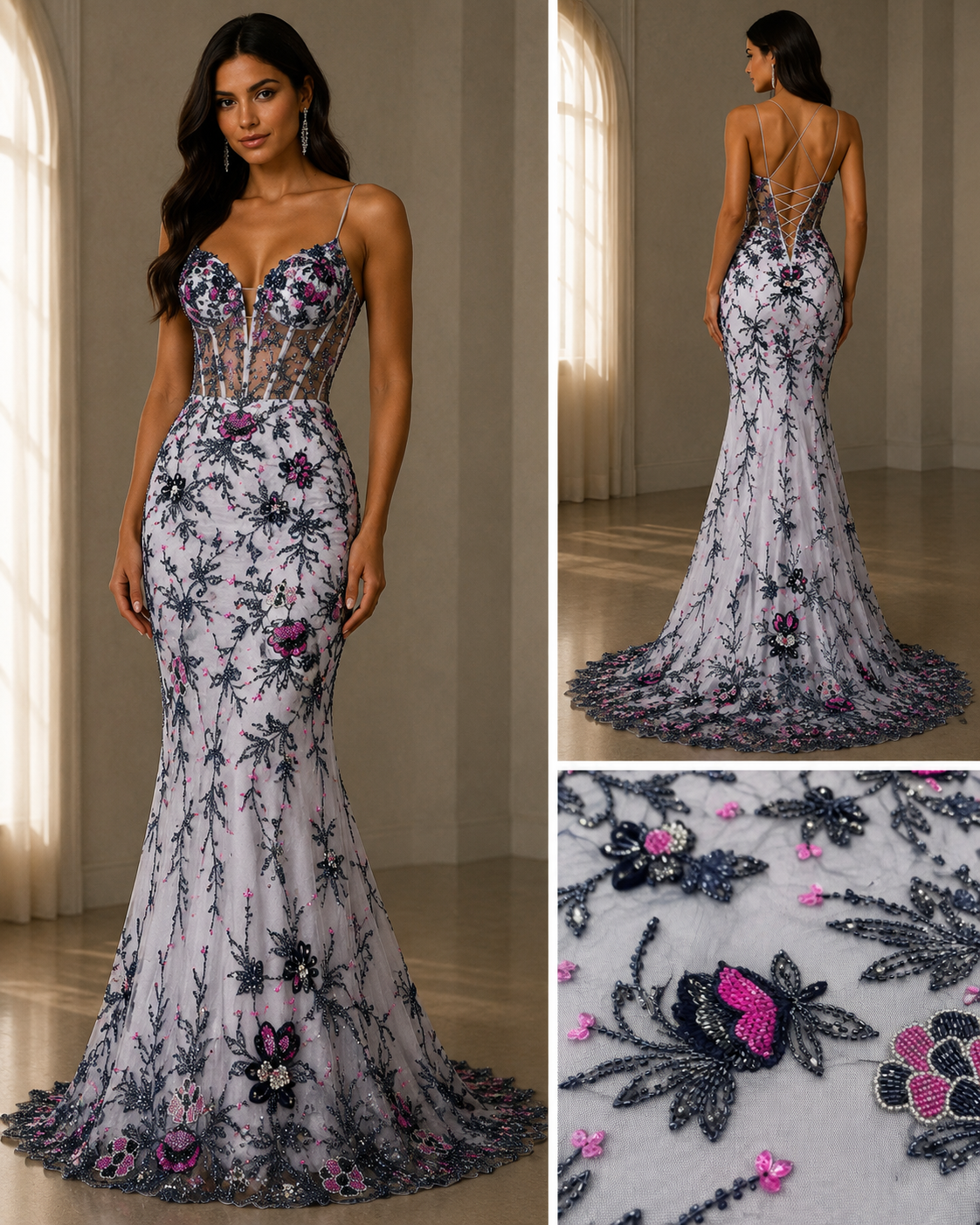 Broderie Florala 3D pe Tul cu Paiete si Margele Negre-Roz – 140 cm K2089
