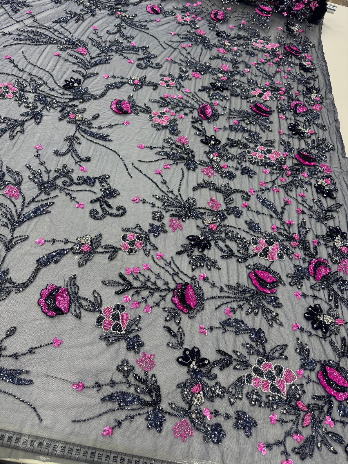Broderie Florala 3D pe Tul cu Paiete si Margele Negre-Roz – 140 cm K2089