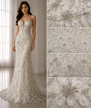 Broderie Ivory 3D cu Flori Organza si Cristale pe Tul Premium 140cm/la metru AI555
