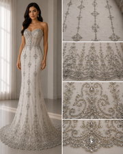 Broderie Ivory cu Cristale pe Tul 140/cm latimea/la metru  J1 3380