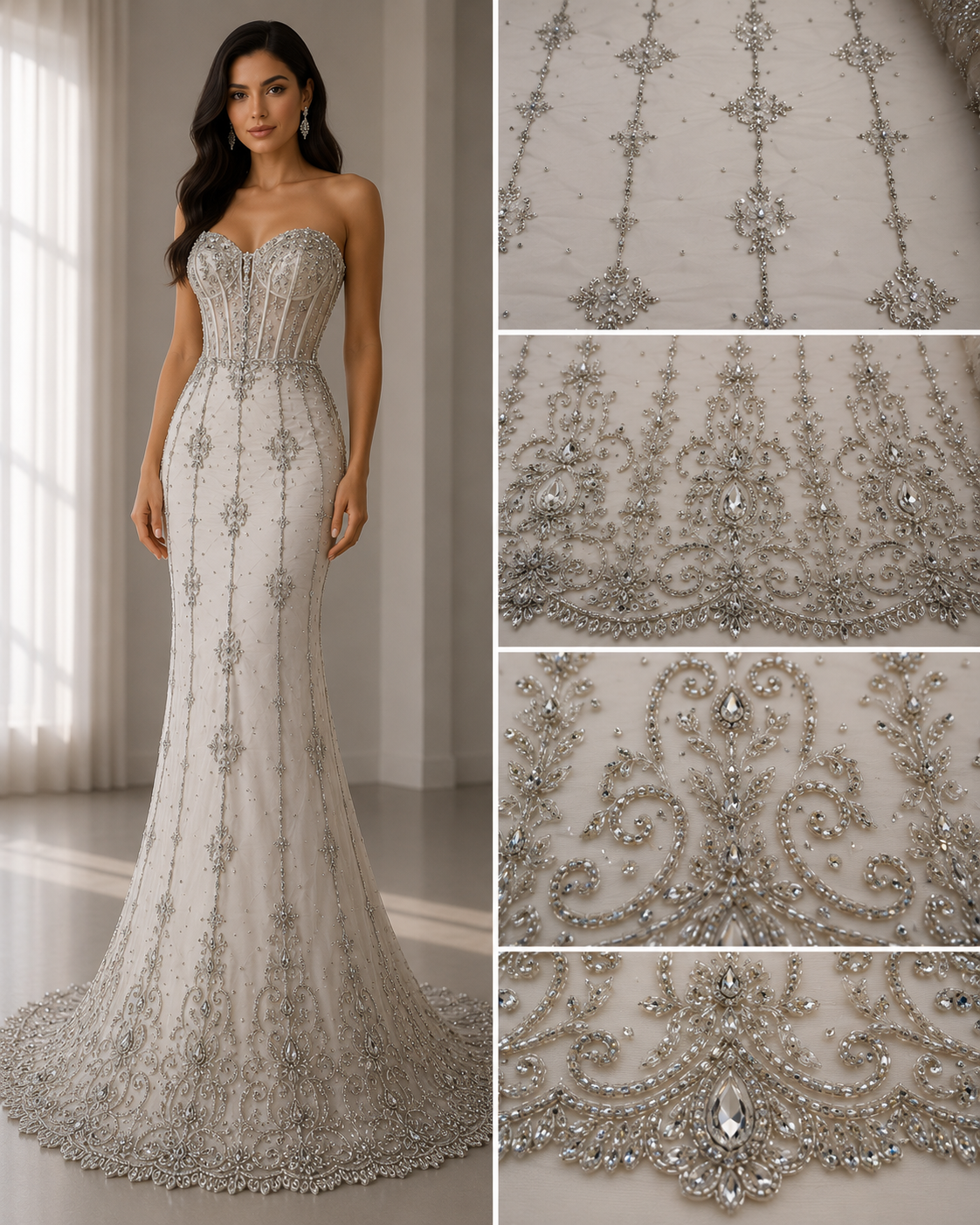 Broderie Ivory cu Cristale pe Tul 140/cm latimea/la metru  J1 3380