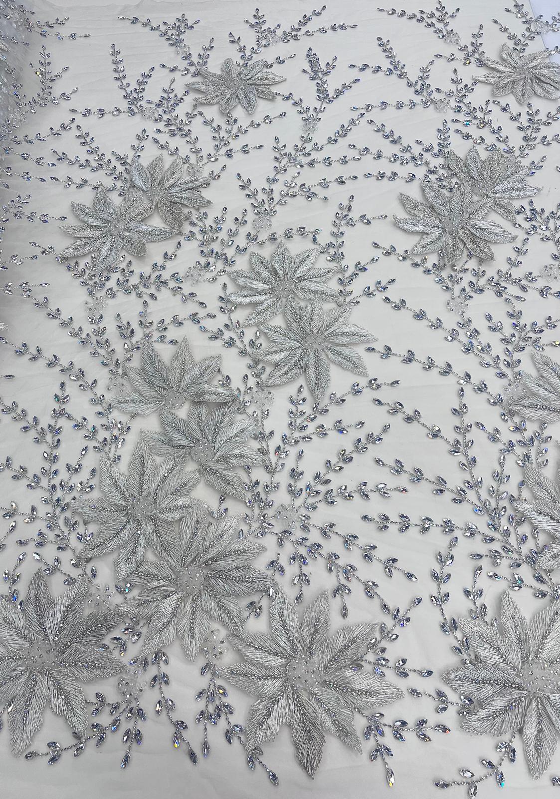 Broderie Luxury 3D pe Tulle cu Flori si Cristale Argintii, Model J1 3378, 140 cm/la metru
