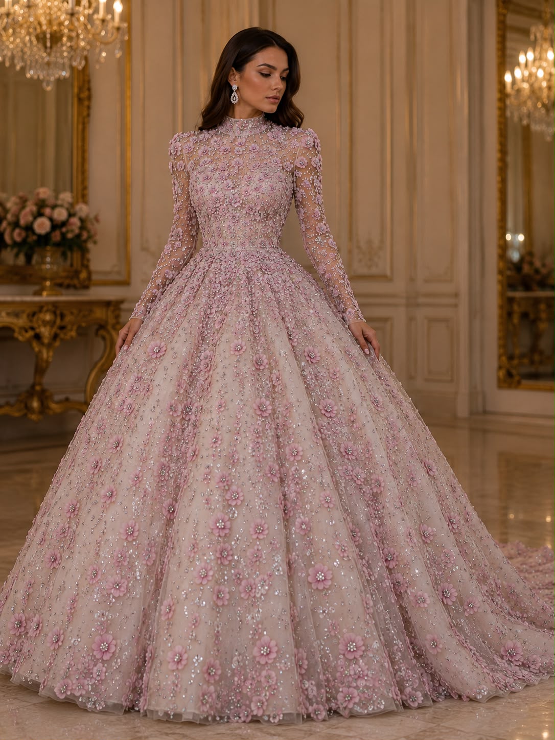Broderie Luxury 3D pe tul nude 140cm\la metru, cu flori roz și cristale premium  K2213
