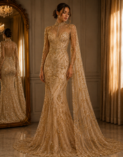Broderie Luxury 3D pe tul nude Model A 770, 140 cm, cu cristale aurii champagne si aplicatii florale/la metru