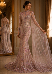 Broderie Luxury 3D pe tul nude Model DB 1526, 140 cm, cu flori roz pudrat și cristale argintii/la metru