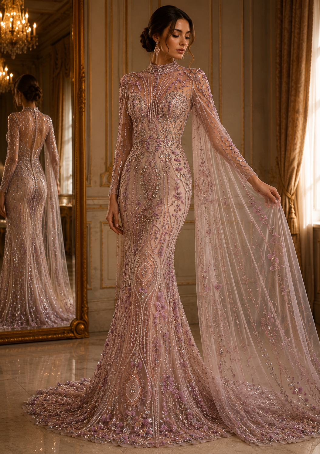 Broderie Luxury 3D pe tul nude Model DB 1526, 140 cm, cu flori roz pudrat și cristale argintii/la metru