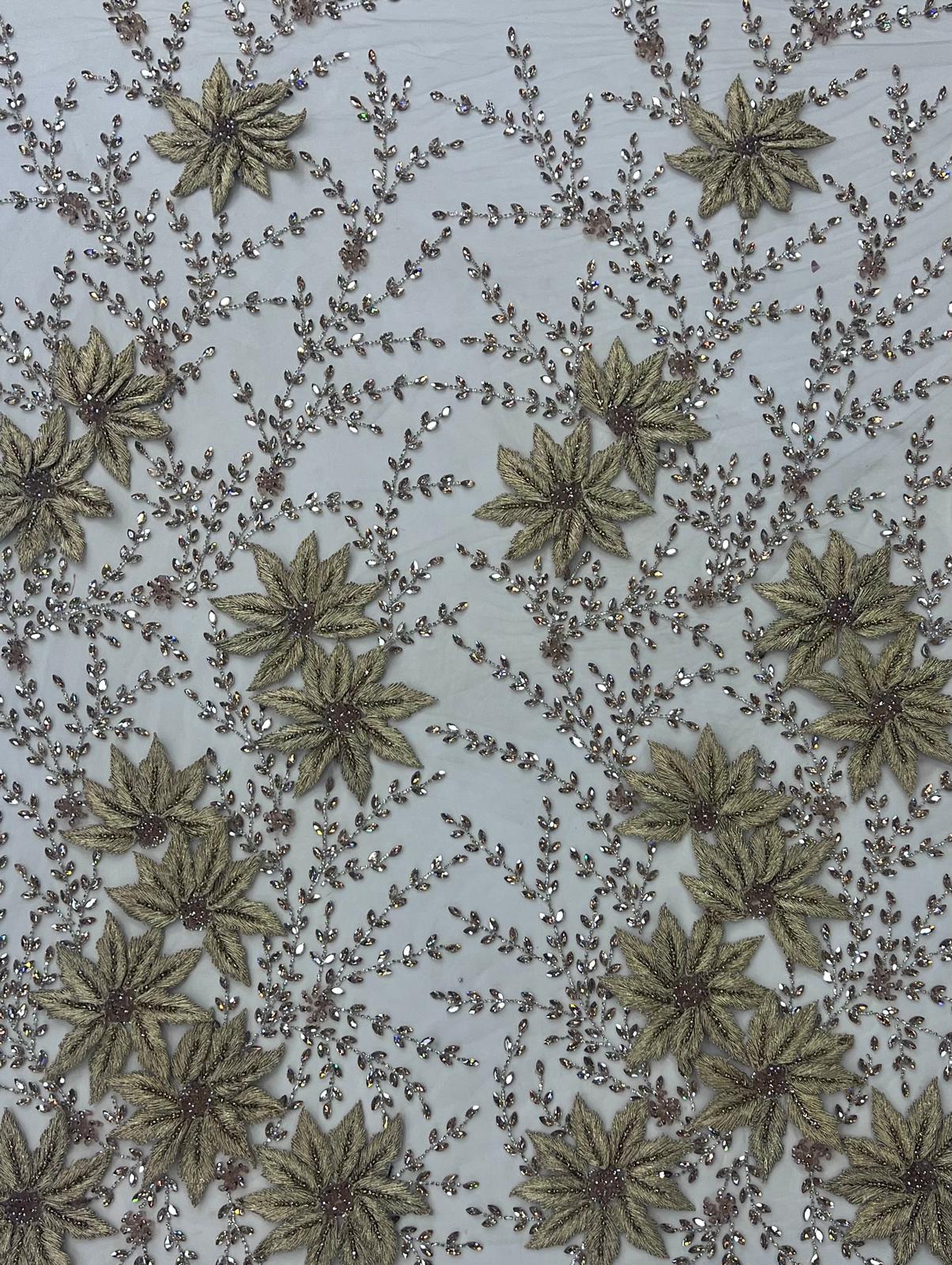 Broderie Luxury 3D pe tul nude Model J1 3378  , 140 cm, cu flori aurii si cristale premium/la metru