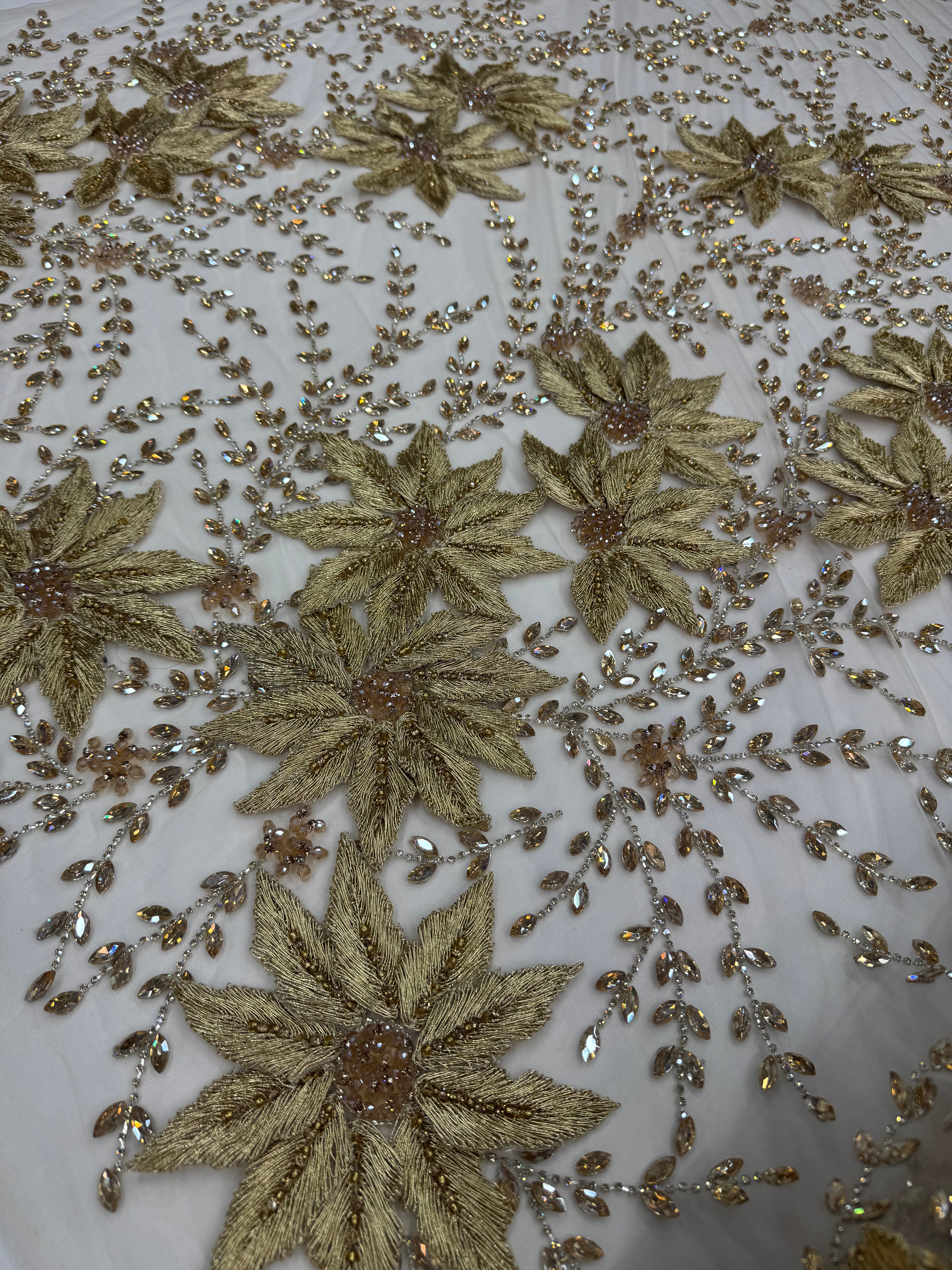 Broderie Luxury 3D pe tul nude Model SJT 3378, 140 cm, cu flori si cristale premium/la metru