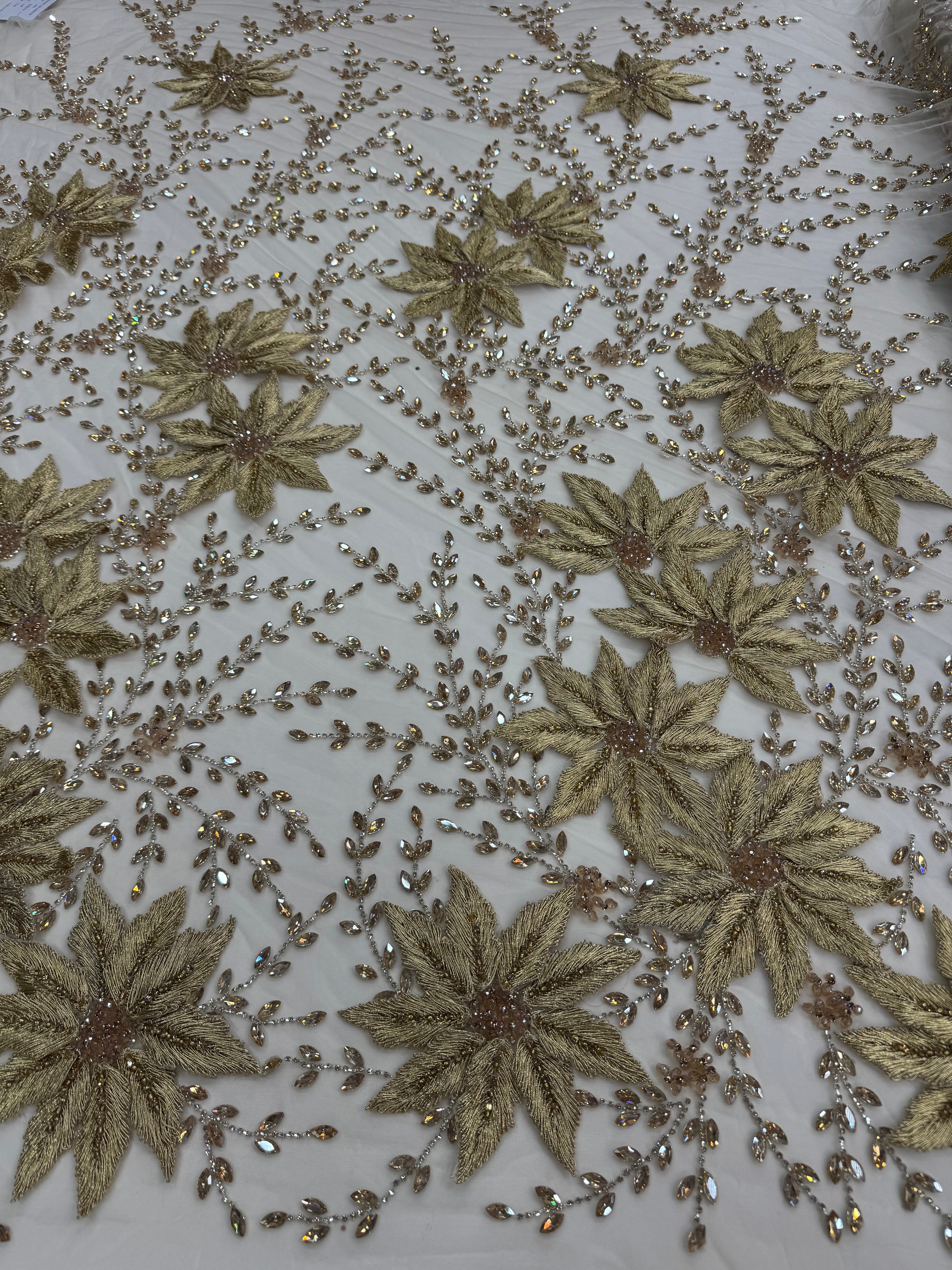 Broderie Luxury 3D pe tul nude Model SJT 3378, 140 cm, cu flori si cristale premium/la metru