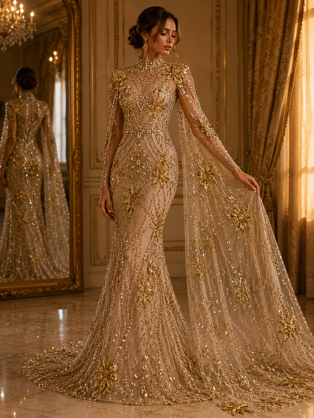 Broderie Luxury 3D pe tul nude Model SJT 3378, 140 cm, cu flori si cristale premium/la metru