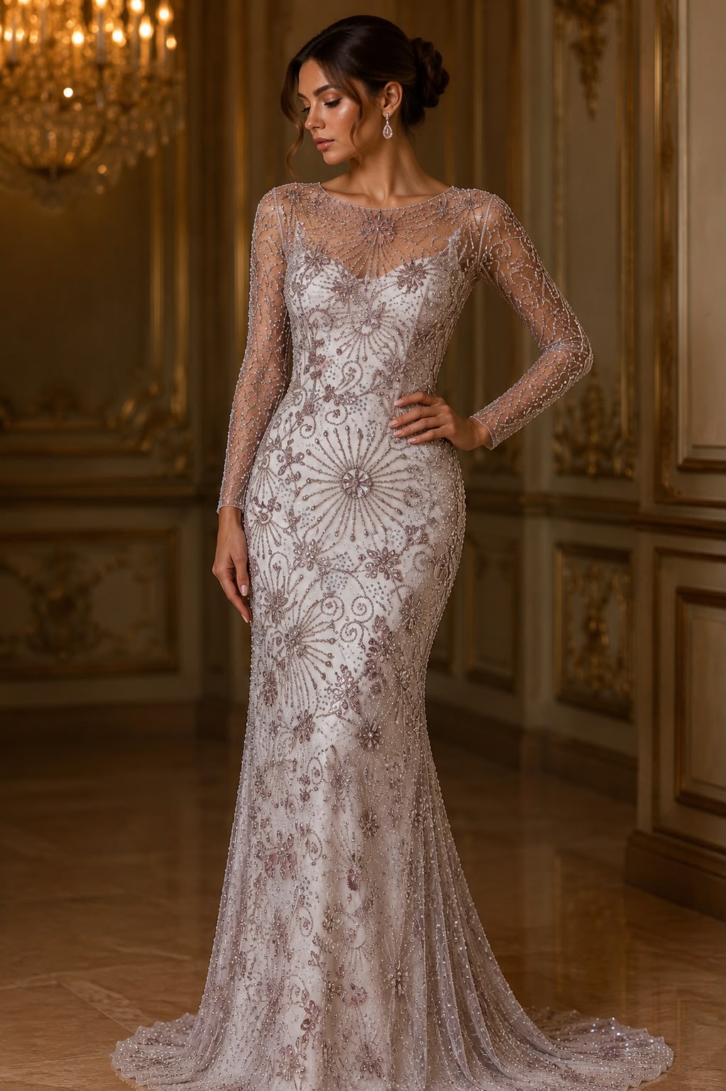 Broderie Luxury cu Cristale Premium pe Tul Nude – Model J1 3440