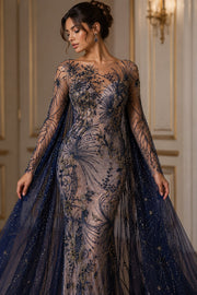 Broderie Luxury pe tul – Bleumarin cu cristale și margele, 140 cm\la metru, Design Floral Couture J1 3373