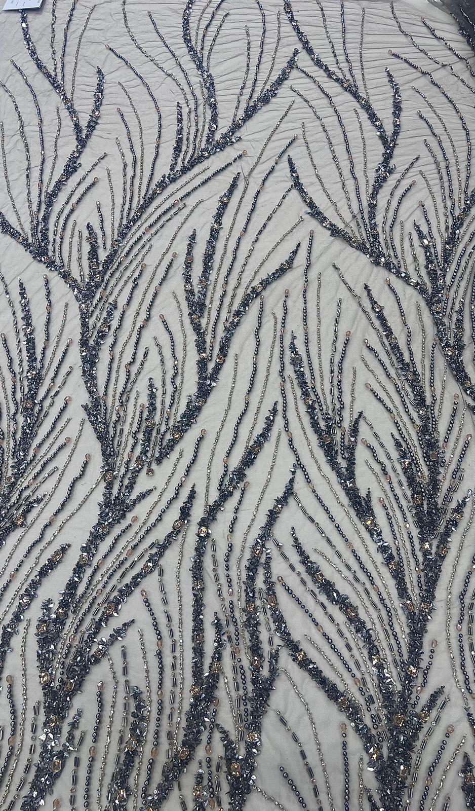 Broderie Luxury pe tul gri – SJT1329 cu cristale, margele și aplicații premium 