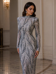 Broderie Luxury pe tul gri – SJT1329 cu cristale, margele și aplicații premium Grey & Gold
