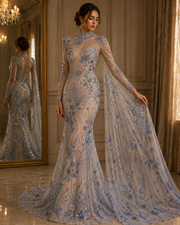 Broderie Luxury pe tul ivoire Model J1 3373, 140 cm, cu aplicatii florale albastre si cristale/la metru