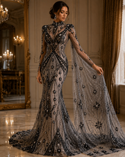 Broderie Luxury pe tul negru Model SJT 1375, 140 cm, cu cristale transparente si aplicatii florale 3D/la metru