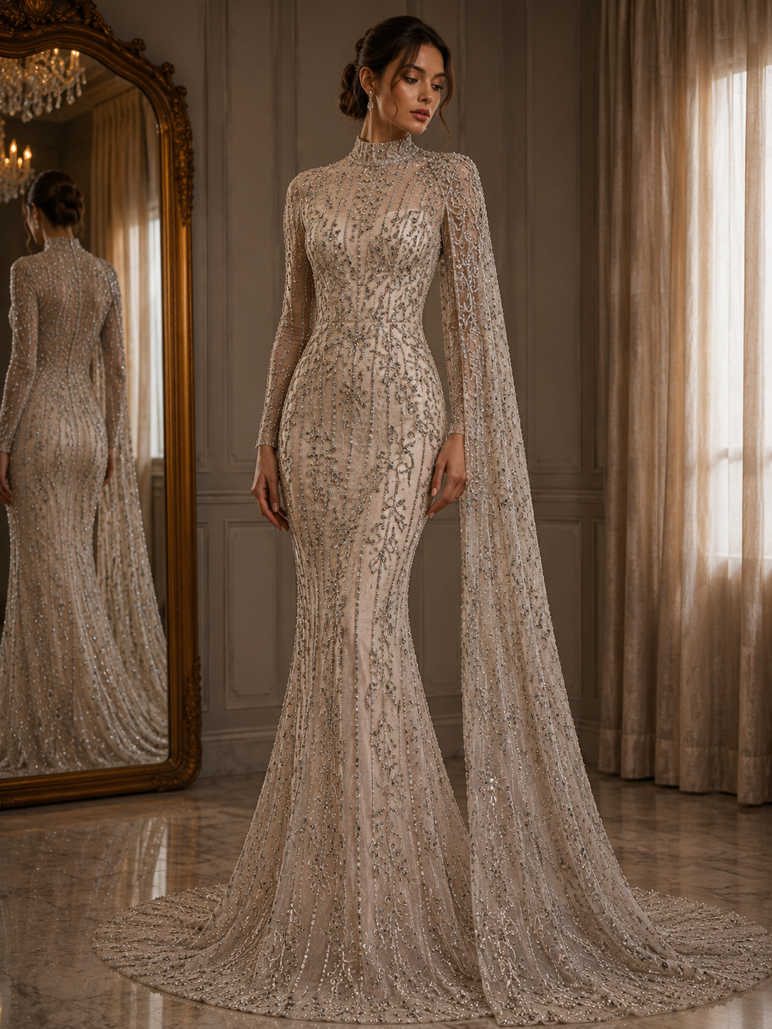 Broderie Luxury pe tul nude Model J1 3399, 140 cm, cu cristale argintii/la metru