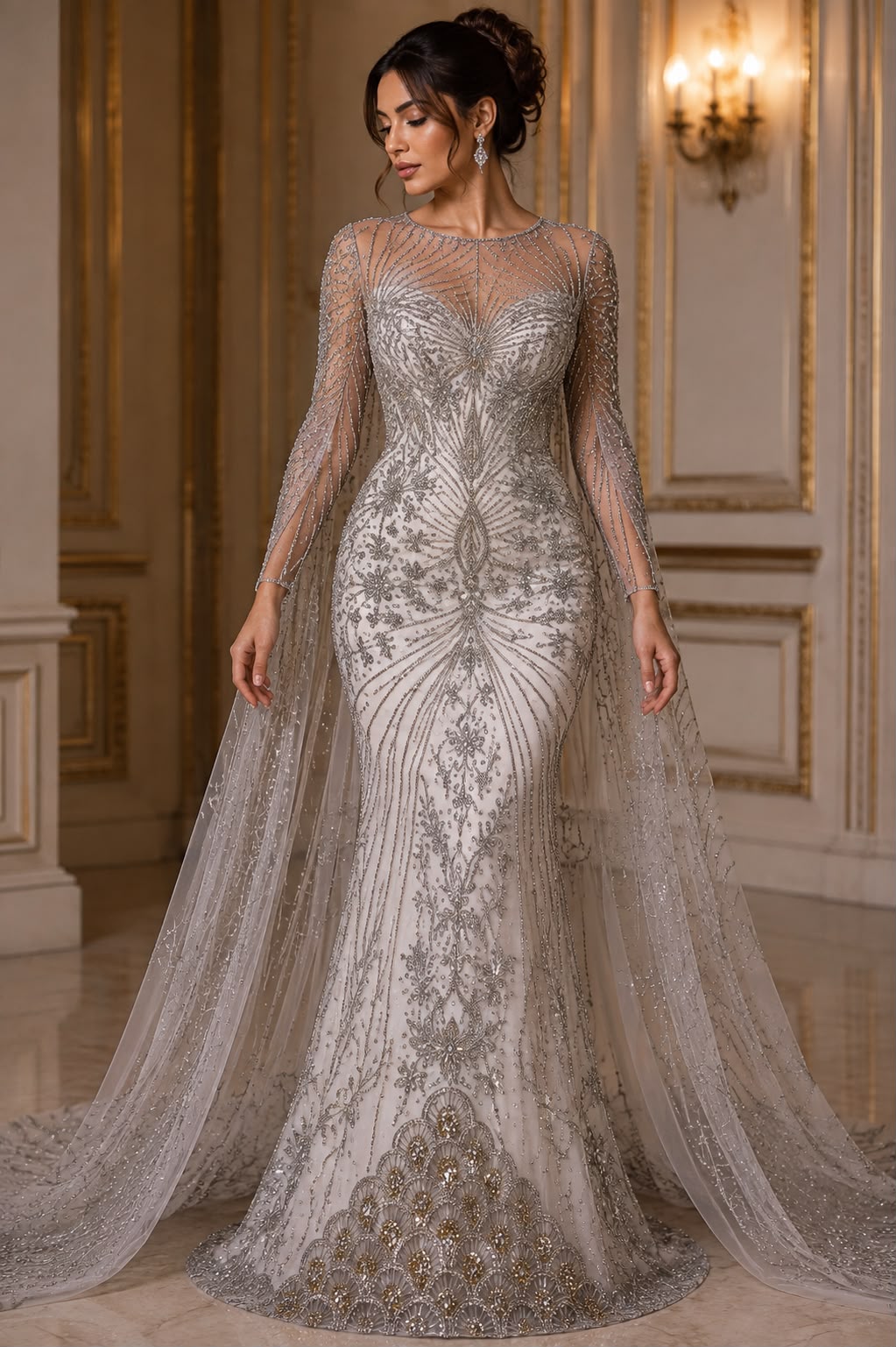 Broderie Premium Couture pe Tul – Design cu Cristale și Margele 140cm\la metru Model-AI741
