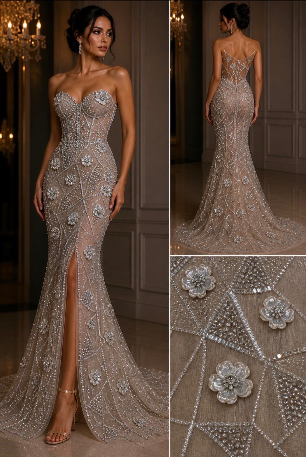 Broderie de lux unicat pe tull nude cu cristale si margele, latime 140 cm – model SJT1356 premium couture