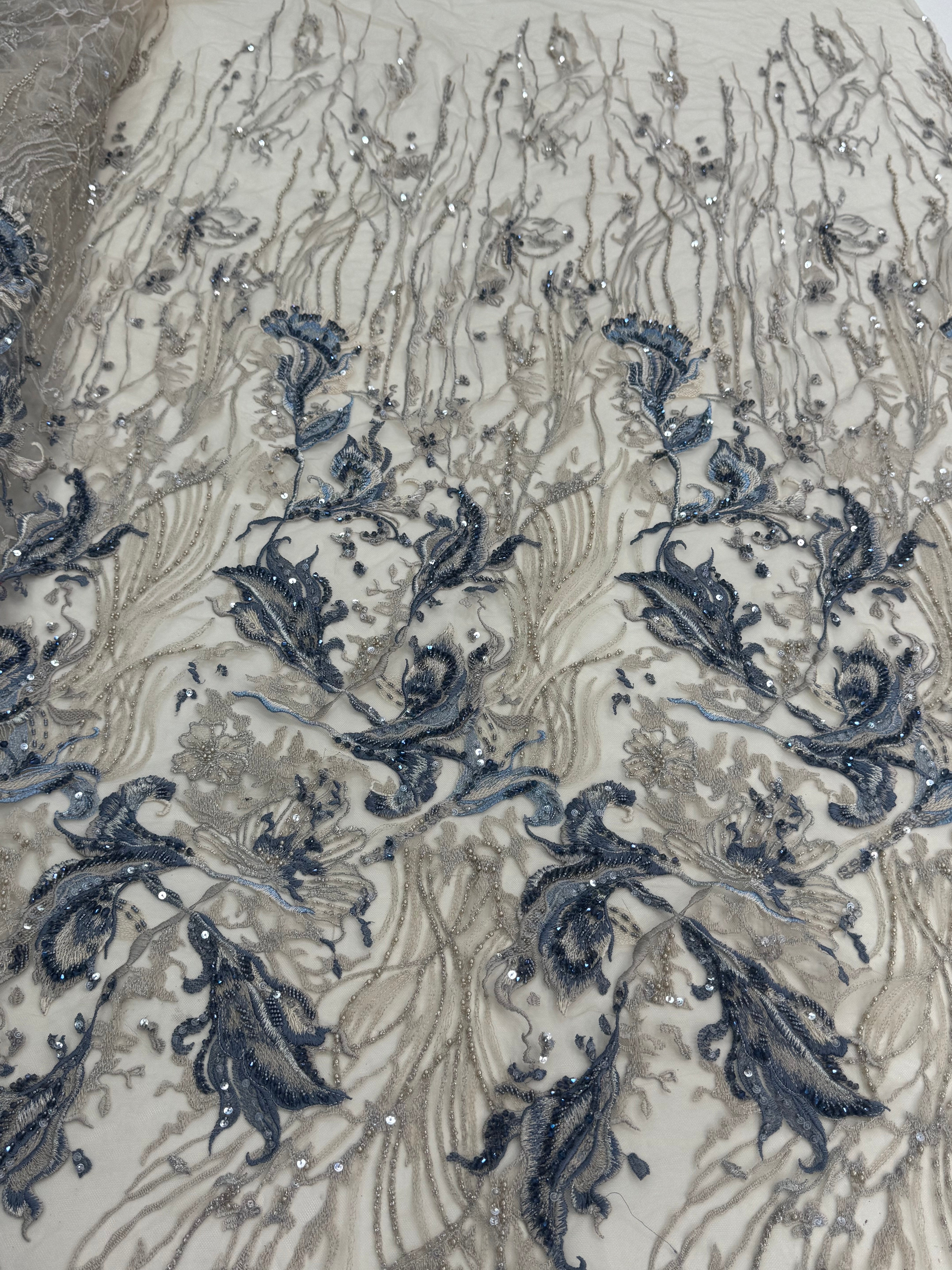 Broderie florala albastru-gri cu paiete pe tul 140 cm latime - material premium pentru rochii de seara