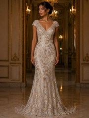Broderie florala champagne cu paiete fine – material elegant pentru rochii de seara si ocazii speciale