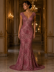 Broderie luxoasa Art Deco rosu rubin cu margele si paiete – material premium pentru rochii de gala