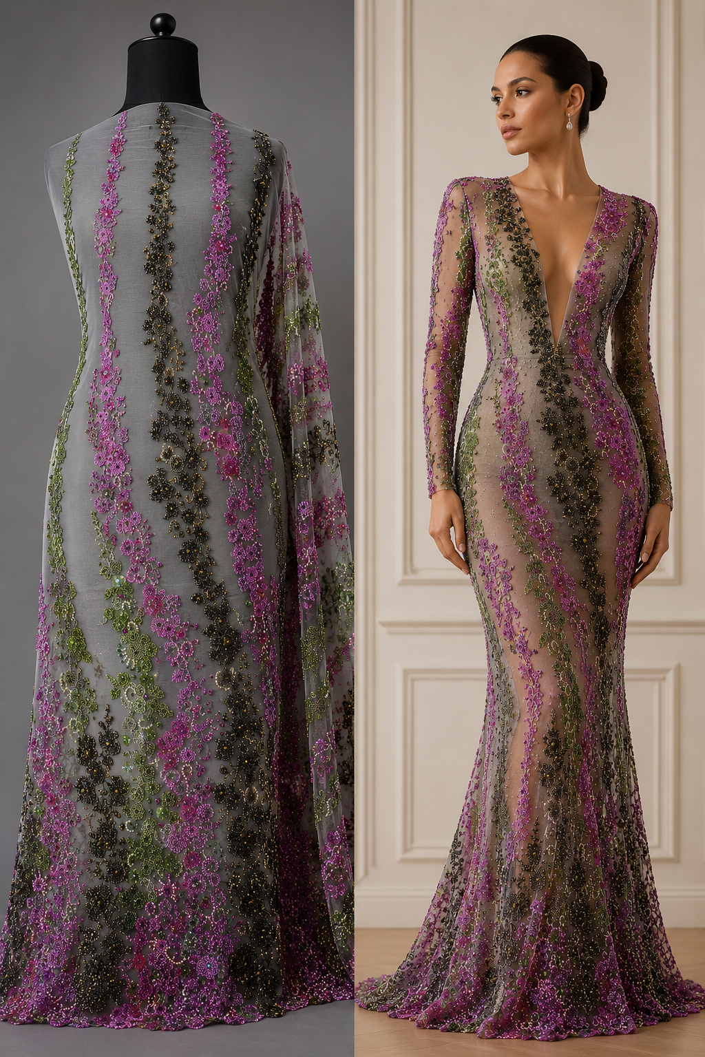 Broderie luxury cu margele, cristale si paiete pe tul 140 cm latime - material haute couture pentru rochii de gala