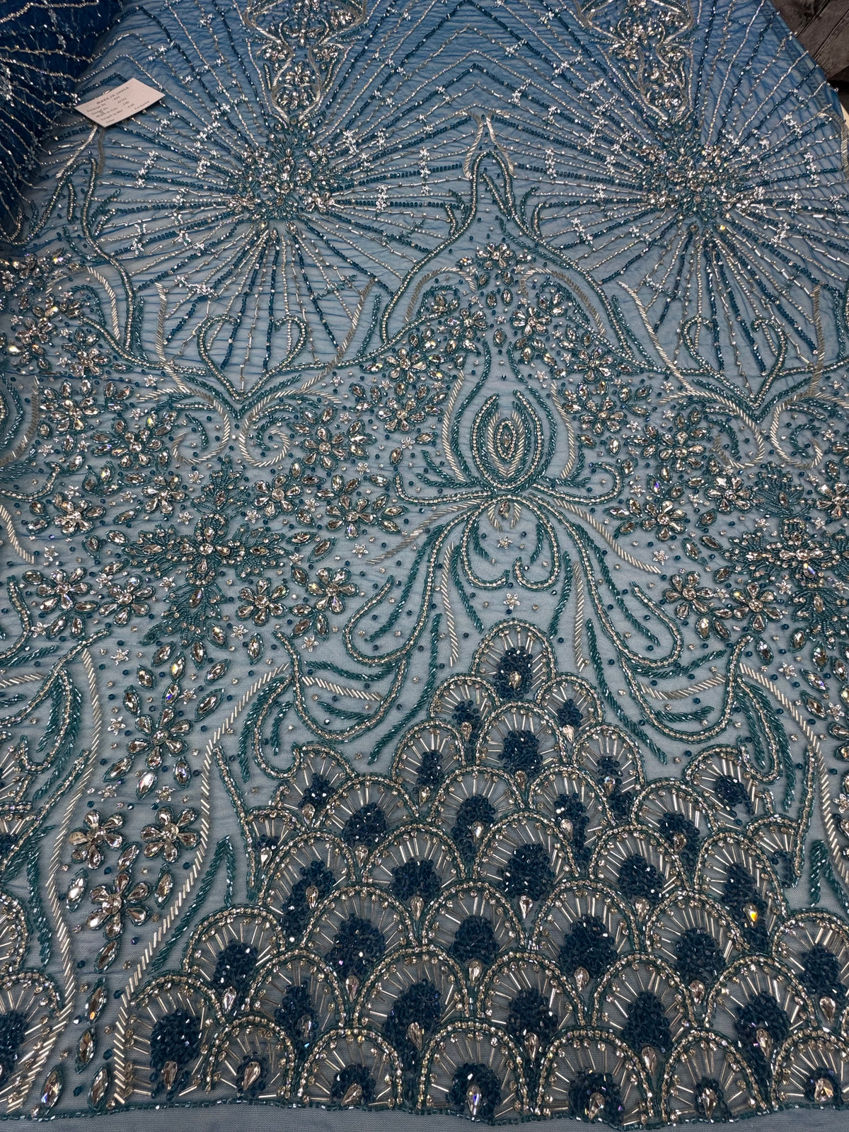 Broderie pe tul turcoaz Model AI741, latime 140 cm, cu cristale, margele si paiete premium/la metru