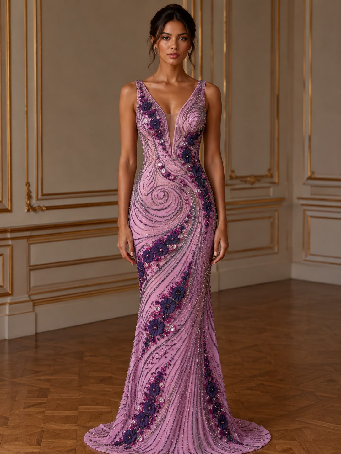Broderie premium 3D brodata manual cu cristale și aplicații florale – Burgundy DB1525