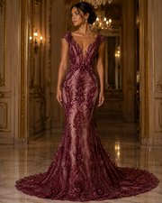 Broderie premium bordo cu paiete si margele – material lux pentru rochii de seara si gala