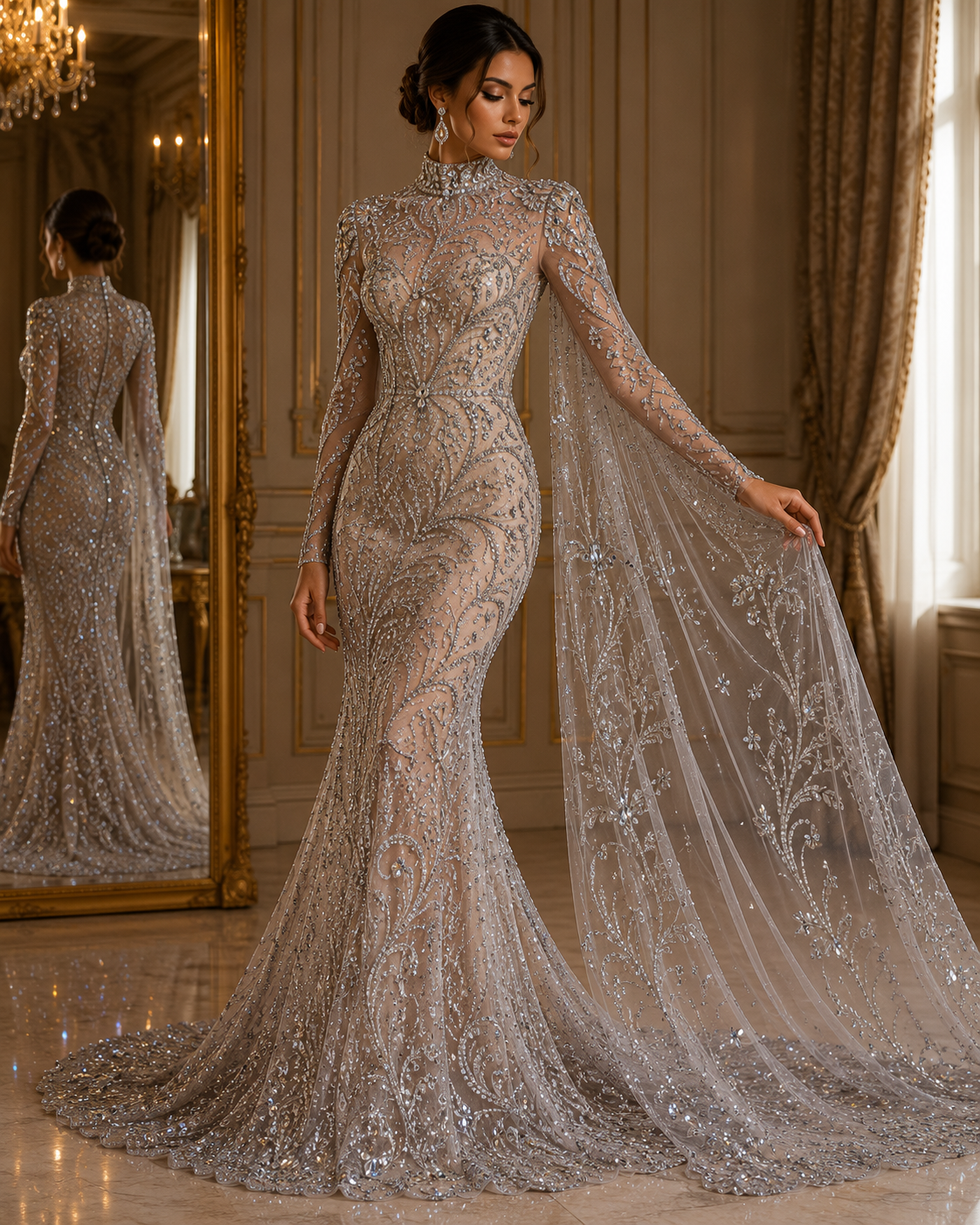 Broderie premium cu cristale pe tul nude Model J1 3441, 140 cm, Silver on Nude, design regal/la metru