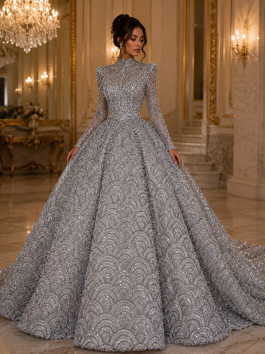Broderie premium cu margele, paiete tubulare si cristale aplicate pe tull 140cm\la metru SJT1366