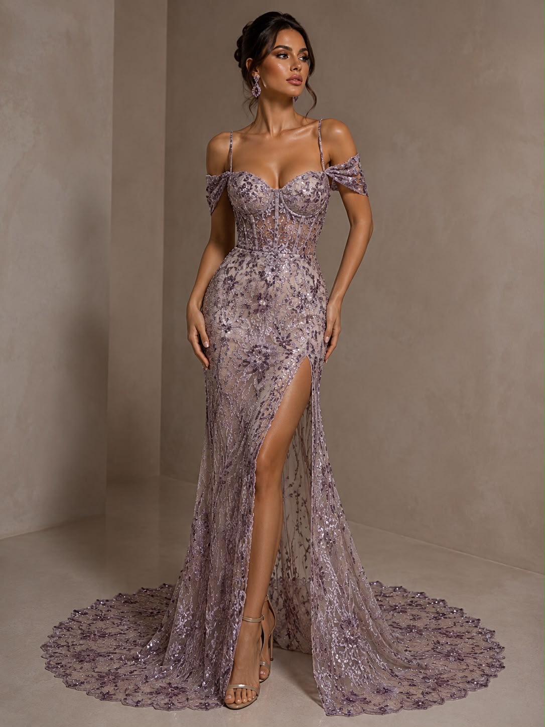 Broderie premium lila pudrat cu paiete – material elegant pentru rochii de seara