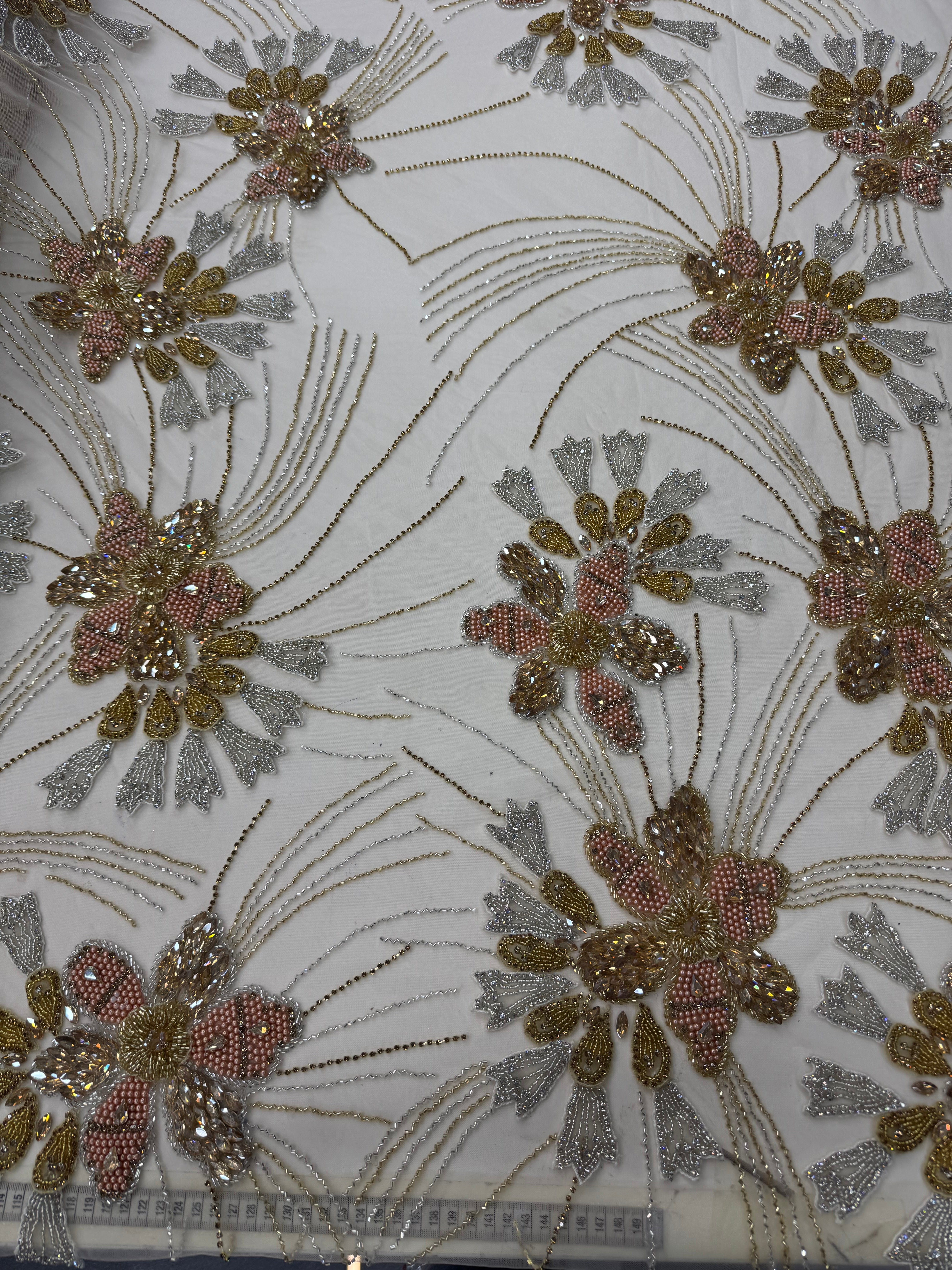 Broderie premium pe tul Model J1 3364, latime 140 cm, la metru cu cristale, margele si aplicatii florale 3D