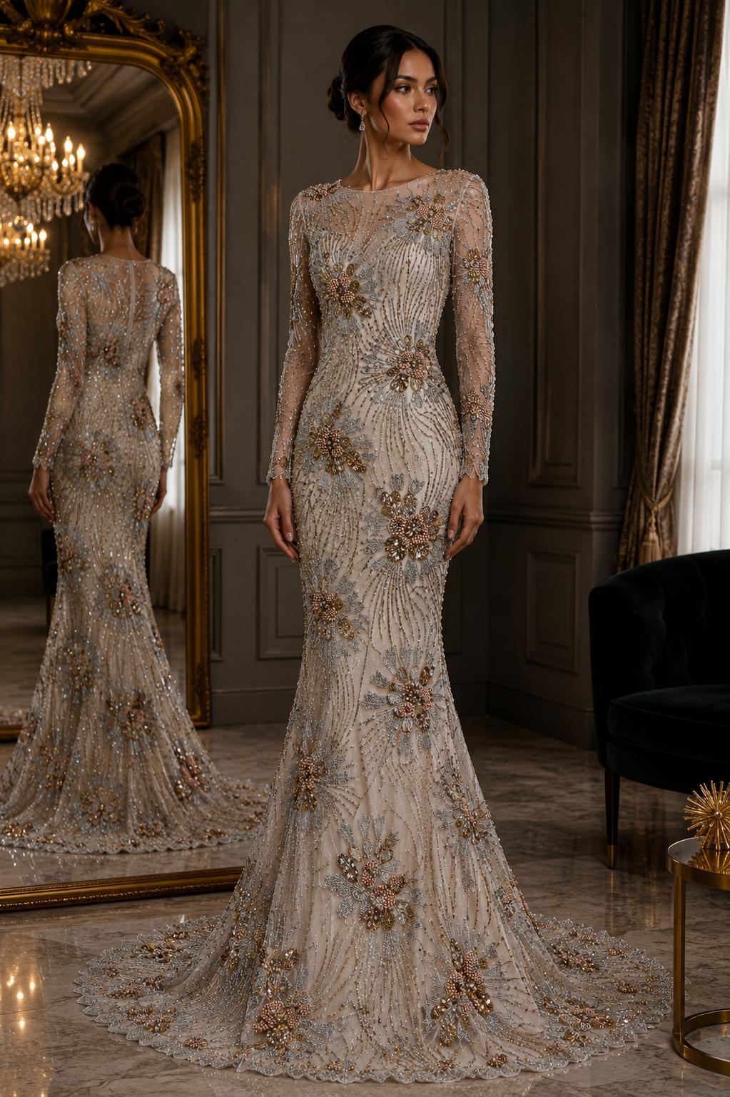 Broderie premium pe tul Model J1 3364, latime 140 cm, la metru cu cristale, margele si aplicatii florale 3D