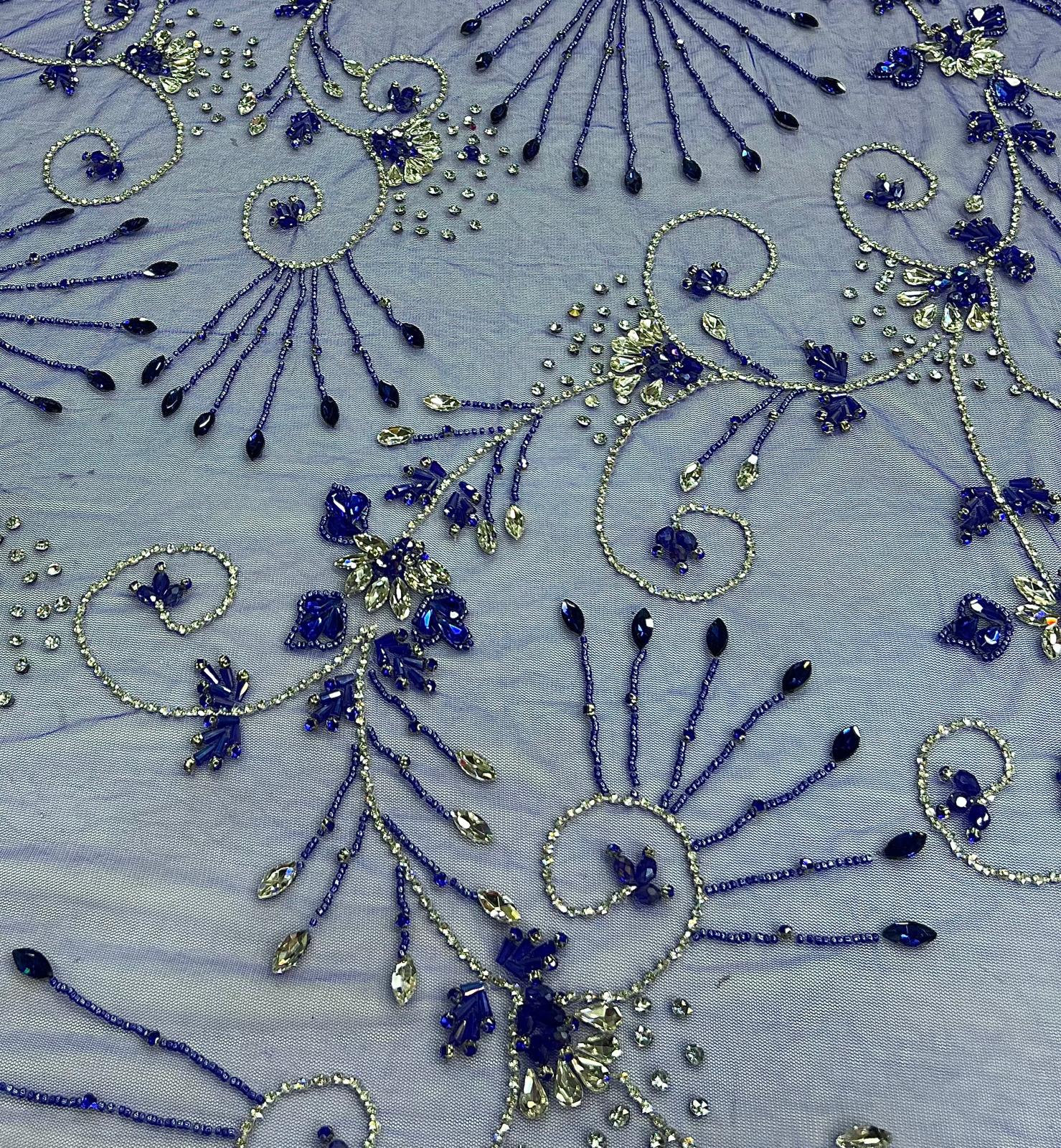 Broderie premium pe tul cu cristale si margele Royal Blue