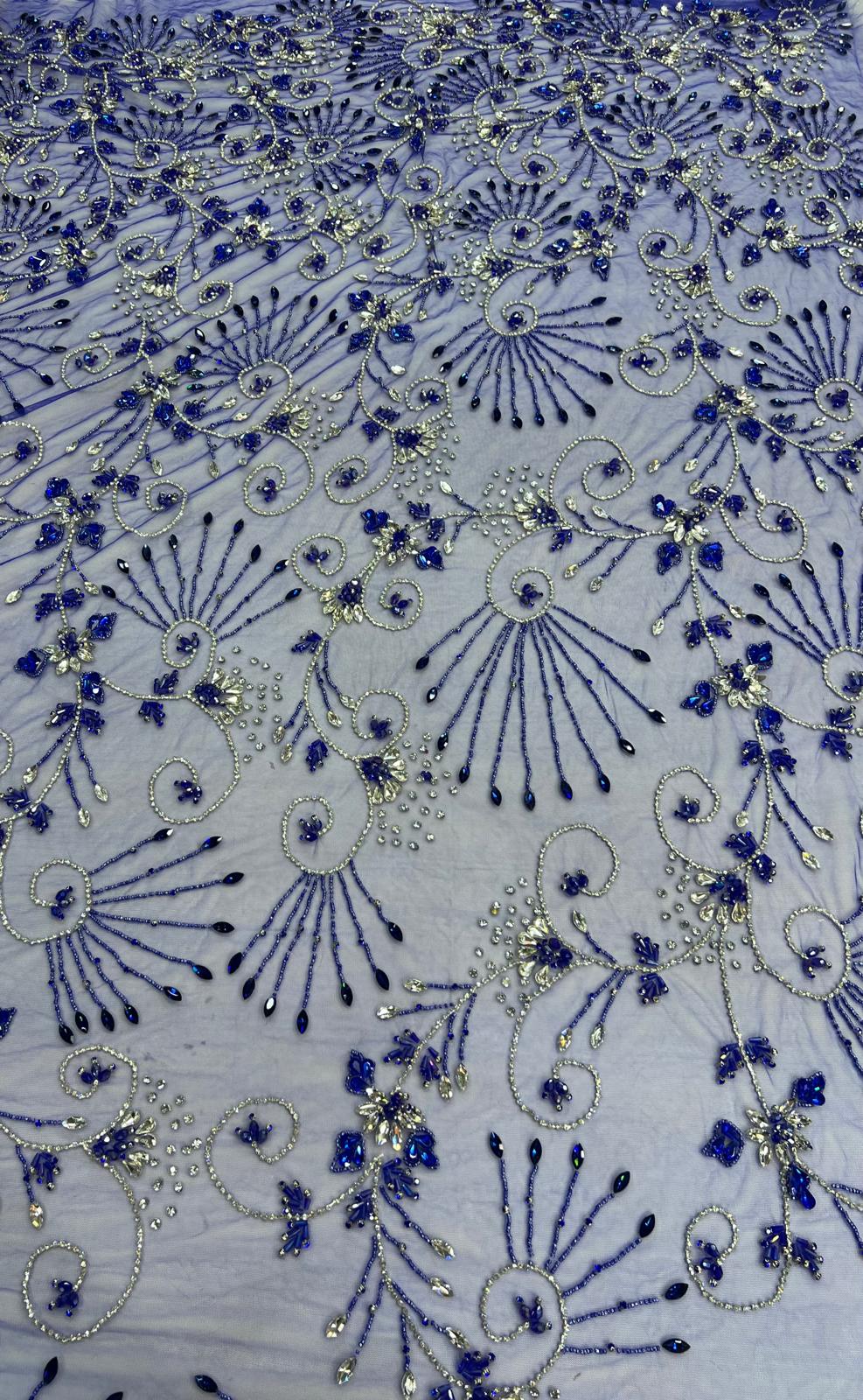 Broderie premium pe tul cu cristale si margele Royal Blue, latime 140 cm\la metru 