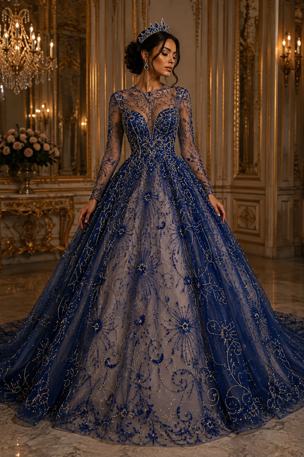 Broderie premium pe tul cu cristale si margele Royal Blue, latime 140 cm\la metru - Model J1 3440