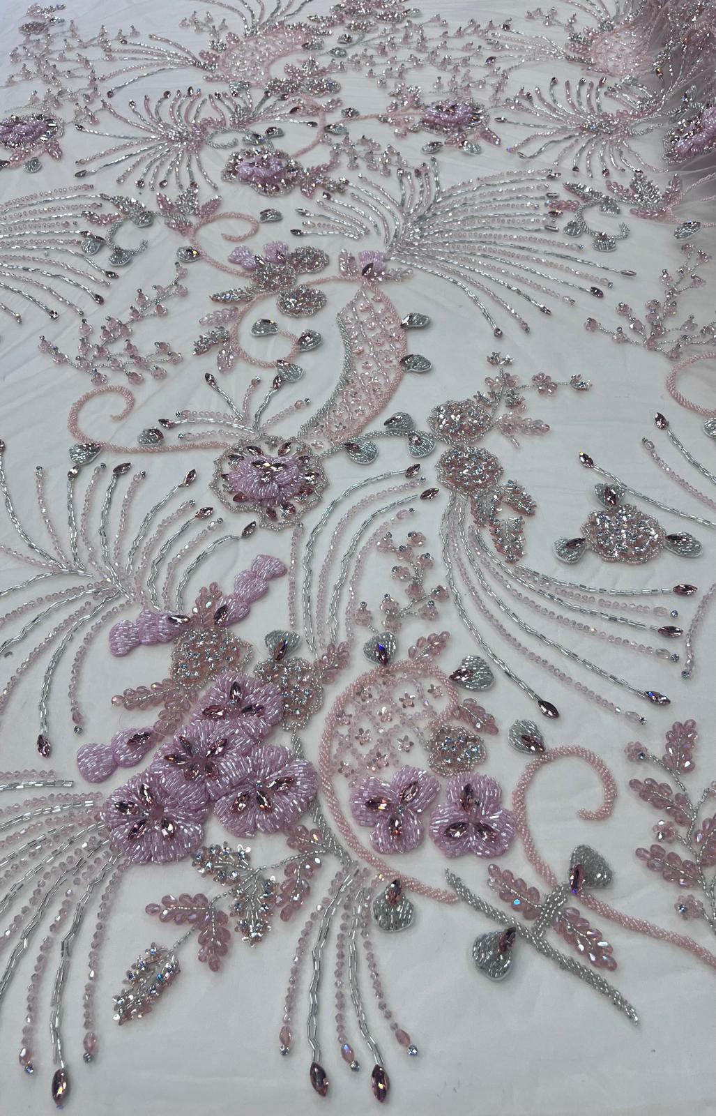 Broderie premium pe tul cu margele, paiete și cristale – Peach, lațime 140 cm\la metru