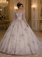Broderie premium pe tul cu margele, paiete și cristale – Peach, lațime 140 cm\la metru–J1 3373