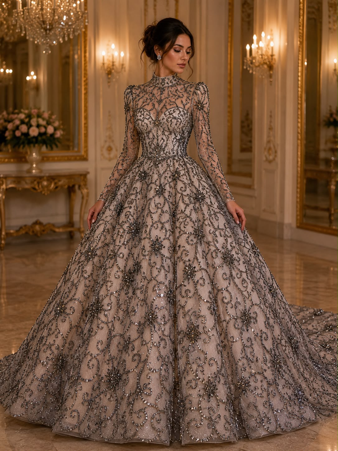 Broderie premium pe tul cu margele si cristale Antique Gold on Nude, latime 140 cm - Model A1588